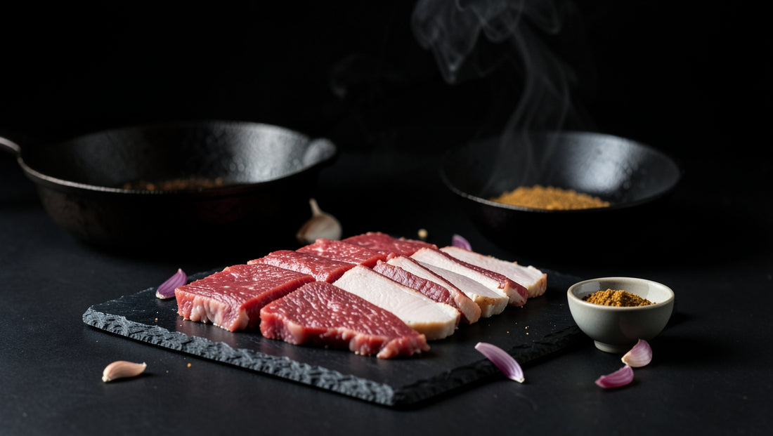 Sliced raw beef and chicken fillet on a slate board beside a cast iron pan and spice bowl