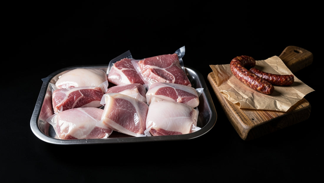 Stainless steel tray of vacuum packed beef cuts beside a wooden board with butcher paper and a coiled boerewors