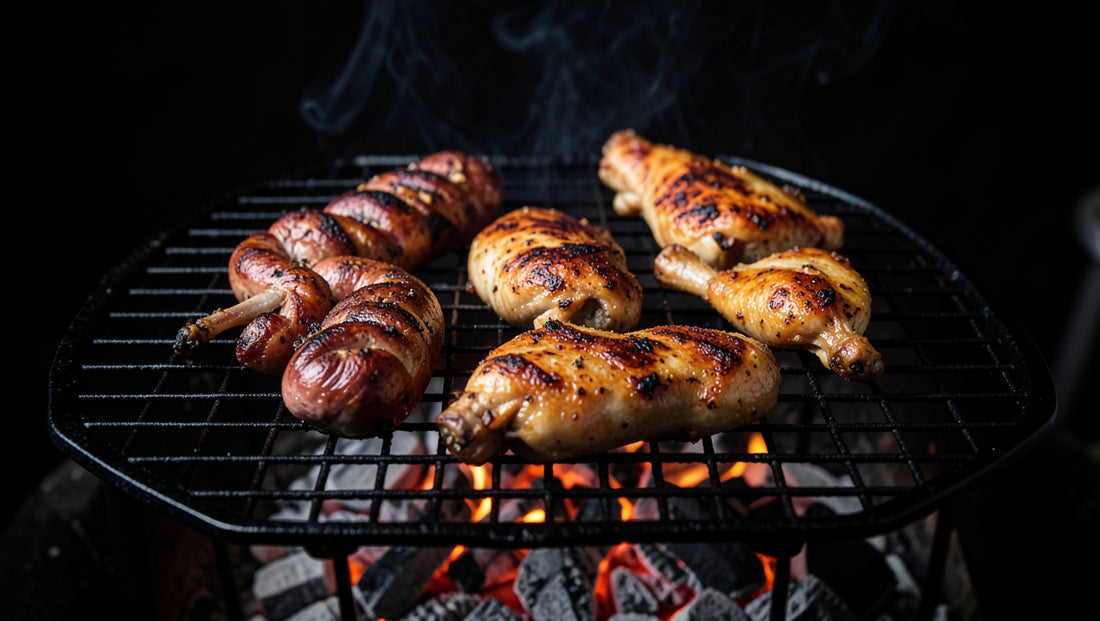 Grilled boerewors coils, chicken wings and drumsticks on a black braai grid over glowing coals