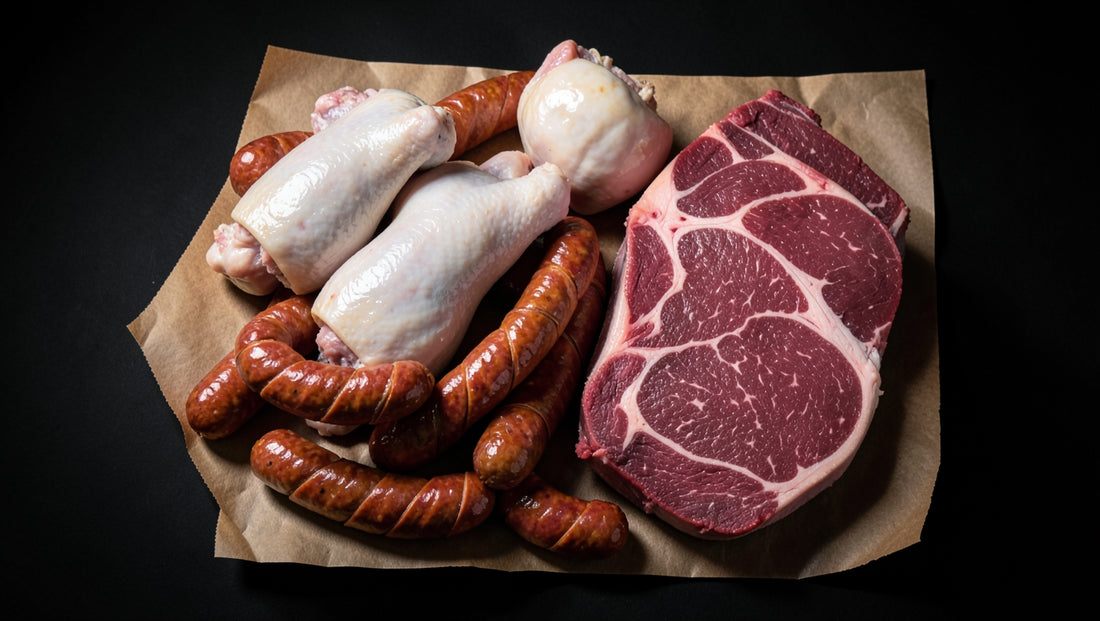 Bulk raw meat on butcher paper: boerewors coils, chicken leg quarters and a large beef cut