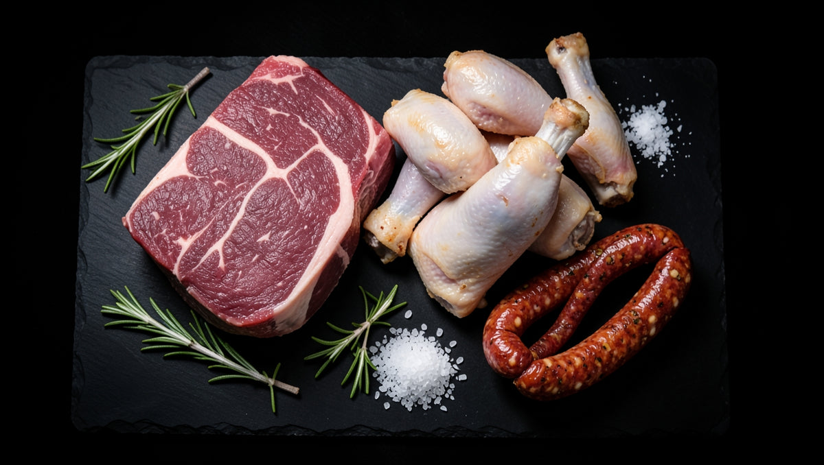 Assorted raw meat cuts on a black slate surface with rosemary and coarse salt