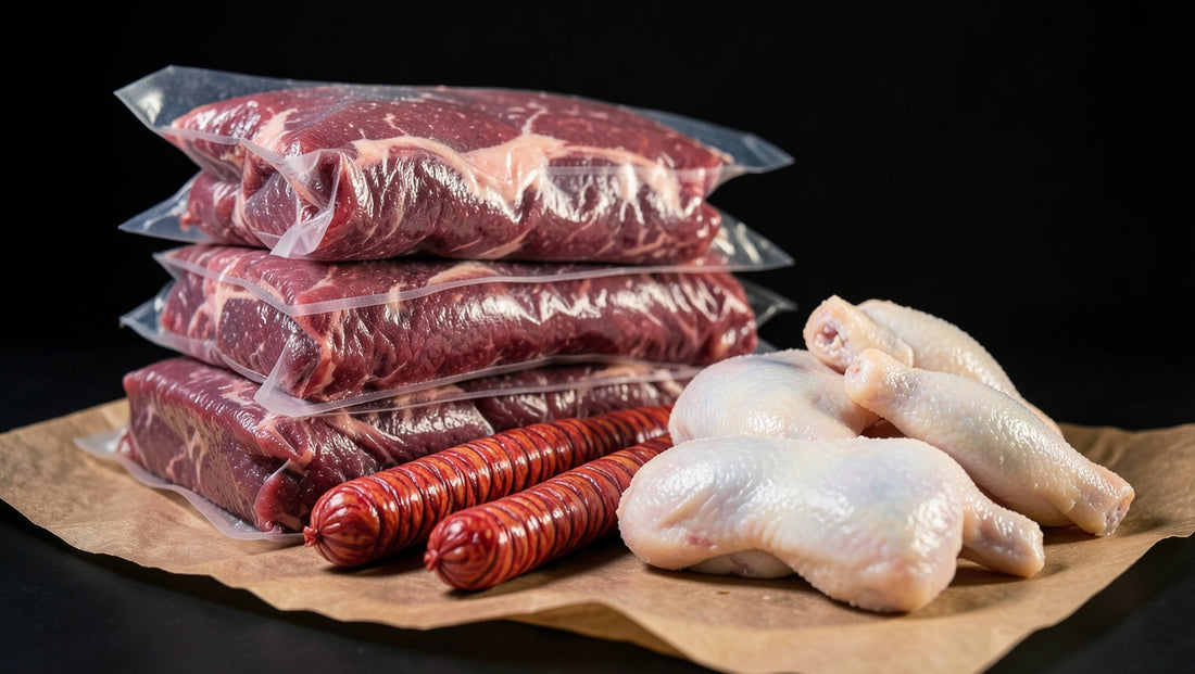Vacuum packed raw beef, coiled boerewors and chicken portions arranged on butcher paper