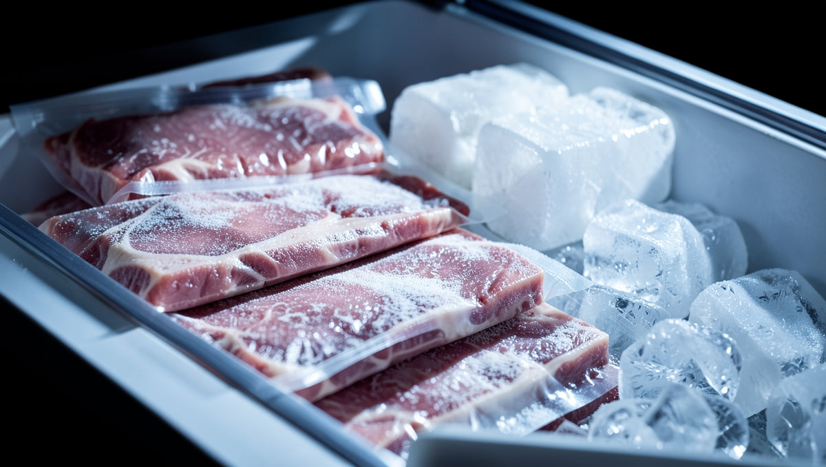 Vacuum packed raw meat stacked in a freezer drawer beside solid blocks of ice