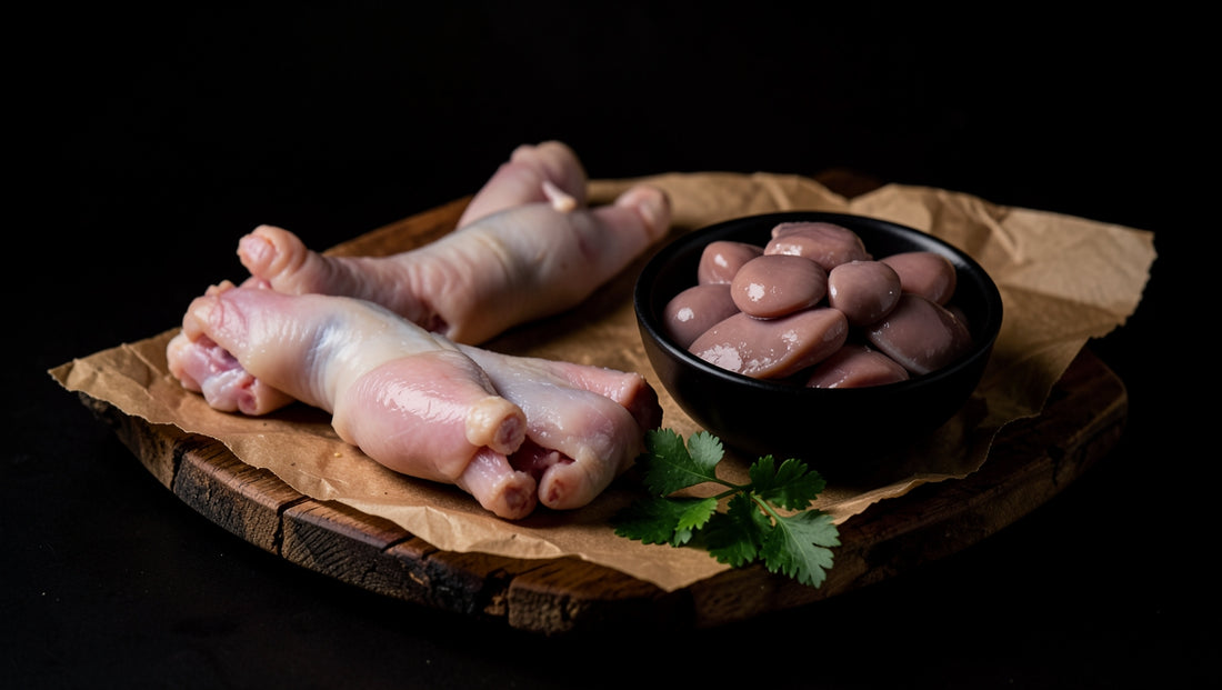 Raw chicken feet on butcher paper beside a black bowl of chicken livers with fresh parsley