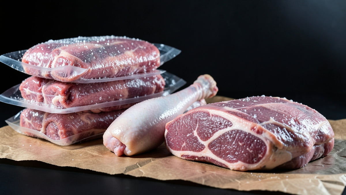 Vacuum packed bulk meat beside a chicken portion and a beef cut on brown butcher paper