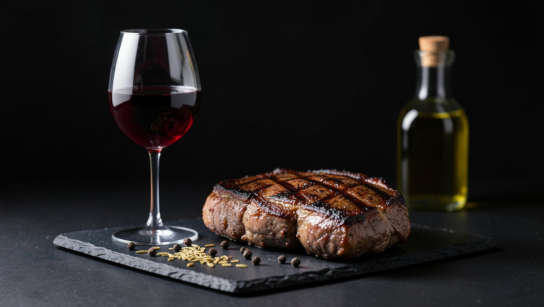 Glass of red wine beside a grilled marbled steak on dark slate with toasted coriander seeds
