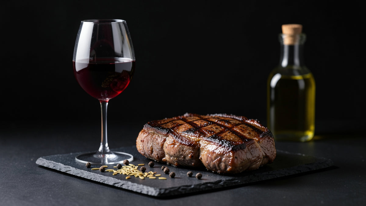 Glass of red wine beside a grilled marbled steak on dark slate with toasted coriander seeds