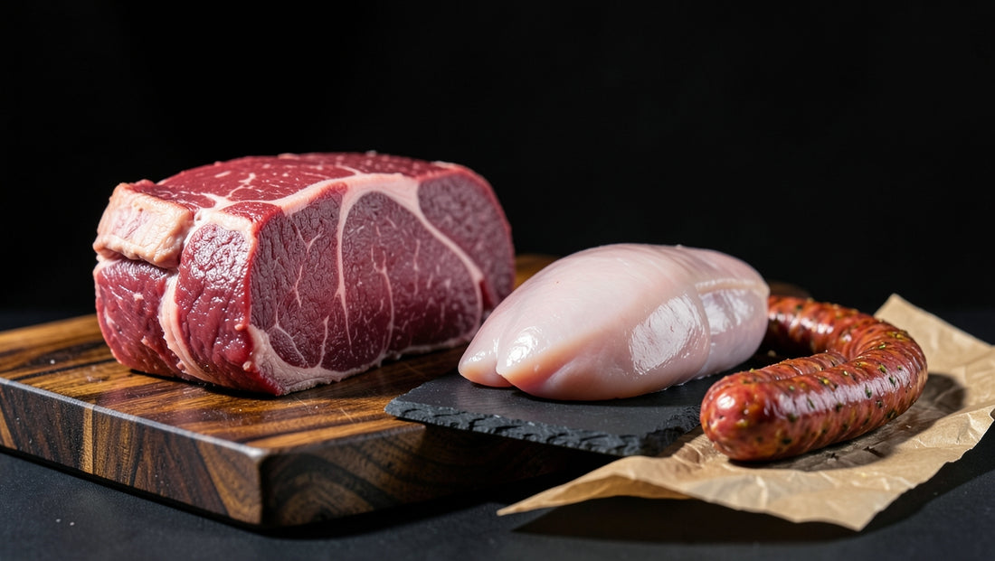 Marbled raw beef rump beside a chicken fillet and a coiled boerewors sausage on a wooden block